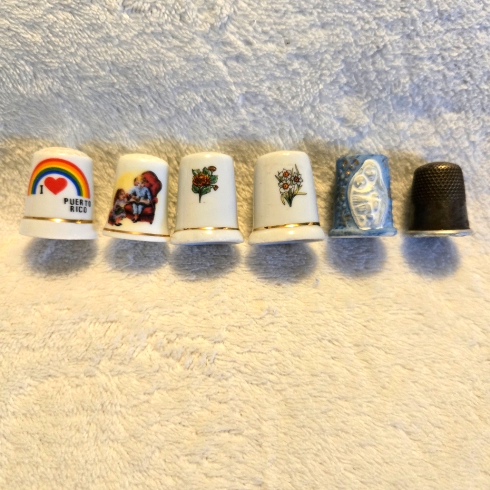 Lot of Six Vintage Thimbles Porcelain Metal